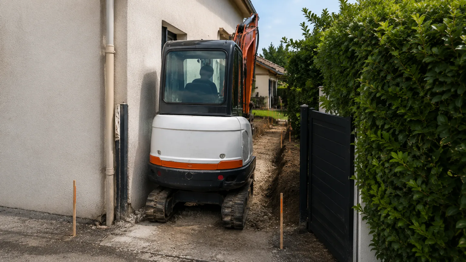 Mini-pelle accédant à un chantier de terrassement par un passage étroit
