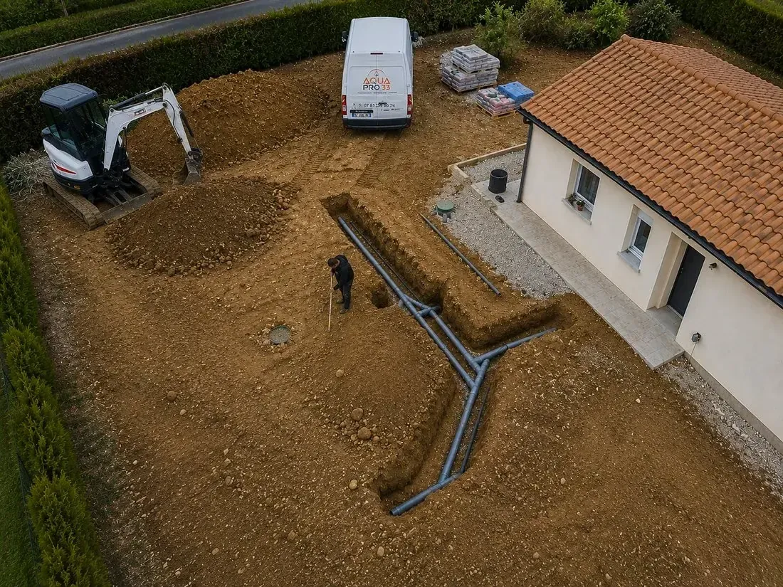 Vue aérienne d’un chantier d’assainissement individuel autour d’une maison