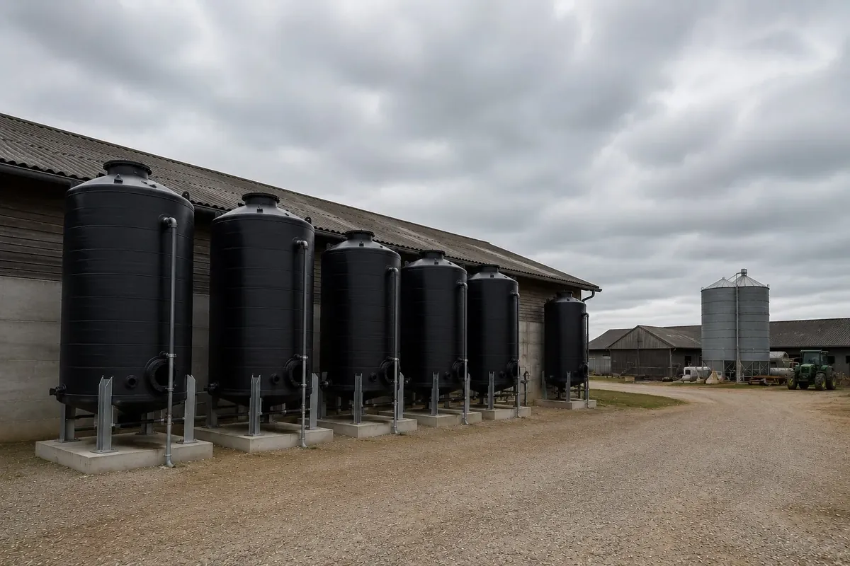 Série de cuves polyester noires aériennes en exploitation agricole