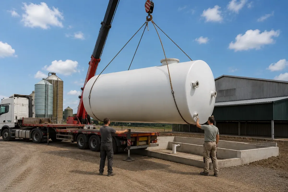 Levage d’une cuve polyester blanche sur chantier agricole