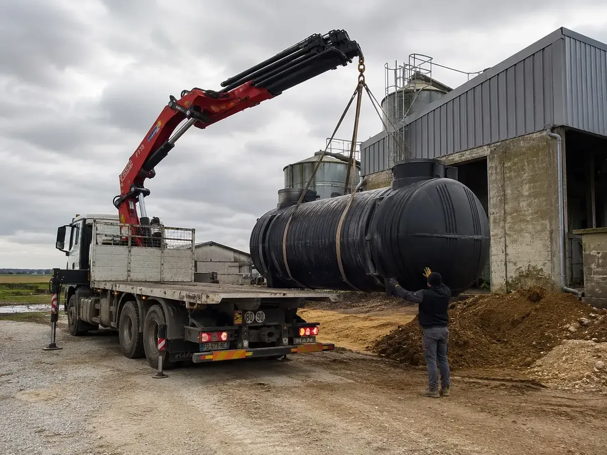 Livraison et pose d’une cuve polyester noire par camion grue