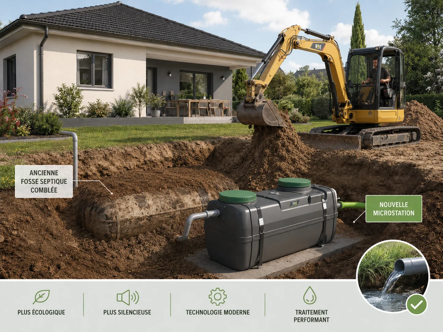Illustration du remplacement d'une ancienne fosse septique par une nouvelle microstation